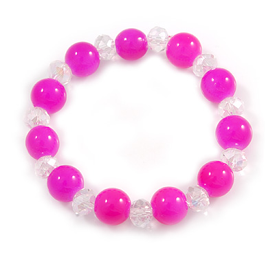 Bright Pink/ Transparent Round Glass Bead Stretch Bracelet - up to 18cm Length - main view