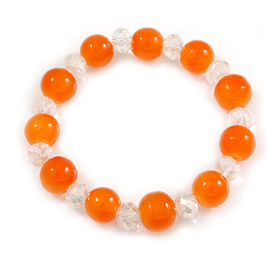 Orange/ Transparent Round Glass Bead Stretch Bracelet - up to 18cm Length - main view