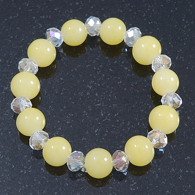 Lemon Yellow/ Transparent Round Glass Bead Stretch Bracelet - up to 18cm Length - main view