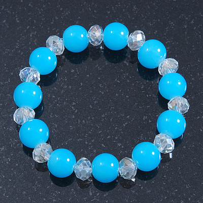 Light Blue/ Transparent Round Glass Bead Stretch Bracelet - up to 18cm Length - main view