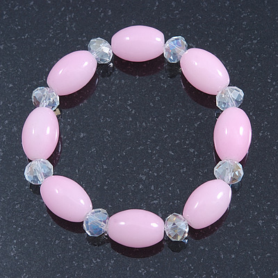 Baby Pink/ Transparent Glass Bead Stretch Bracelet - 17cm Length - main view