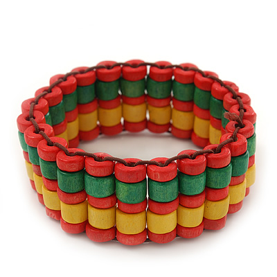 Multicoloured Wood Bead Flex Bracelet (Orange/Green/Yellow) - 18cm Length