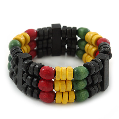 Red, Yellow, Green & Black Rasta Wood Bead Bob Marley Style Flex Bracelet - main view