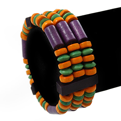 Multicoloured Wood Bead & Bar Flex Bracelet (Purple, Orange, Green) - 18cm Length - main view