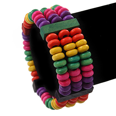 Multicoloured Wood Bead & Bar Flex Bracelet - 18cm Length