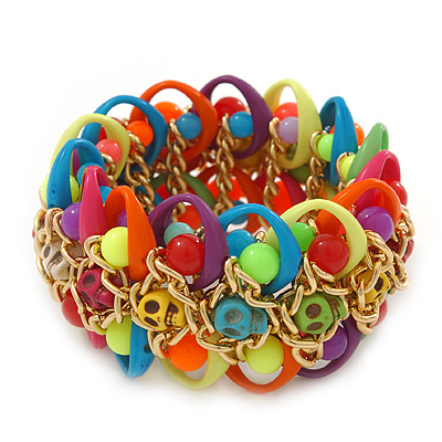 Multicoloured Acrylic Bead, Skull & Chain Flex Bracelet - Up to 19cm length - main view