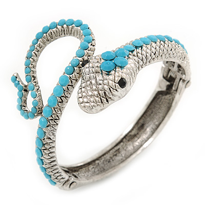 Sleek Light Blue Acrylic Bead Snake Hinged Bangle Bracelet In Silver Plating