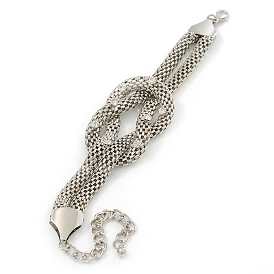 Chunky Rhodium Plated Mesh Chain 'Knot' Bracelet With Clear Crystals - 18cm (8cm Extension) - main view