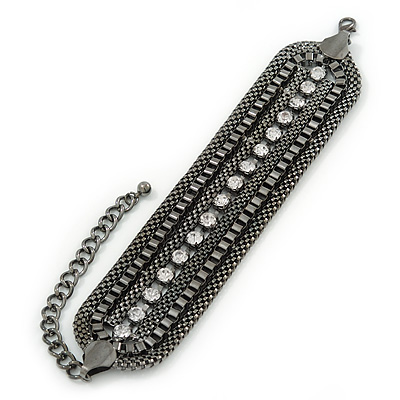Wide Structured Gun Metal Mesh Chain Bracelet With Clear Crystals - 16cm (8cm Extension) - main view