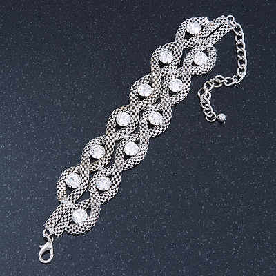 Chunky Rhodium Plated Mesh Chain Bracelet With Clear Crystals - 16cm (8cm Extension) - main view