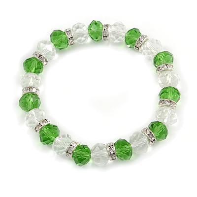 Green/ Transparent Glass Bead With Silver Tone Crystal Ring Stretch Bracelet - up to 21cm Length - main view