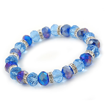 Sky/ Cobalt Blue Glass Bead With Silver Tone Crystal Ring Stretch Bracelet - up to 21cm Length - main view