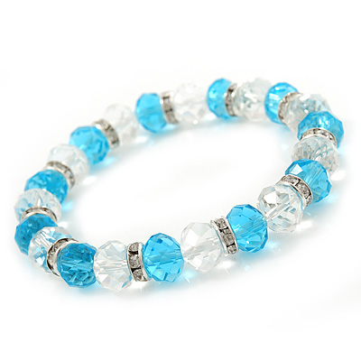Light Blue/ Transparent Glass Bead With Silver Tone Crystal Ring Stretch Bracelet - up to 21cm Length - main view