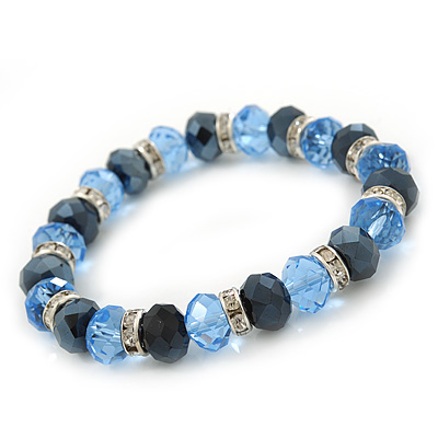 Sky/ Navy Blue Glass Bead With Silver Tone Crystal Ring Stretch Bracelet - up to 21cm Length - main view