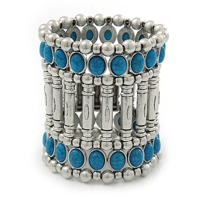 Vintage Wide Turquoise Bead Flex Bracelet In Silver Plating - 19cm Wrist/ 75mm Width - main view