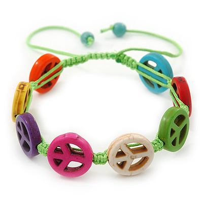 Unisex Multicoloured Plastic 'Peace' Friednship Bracelet On Silk String - Adjustable