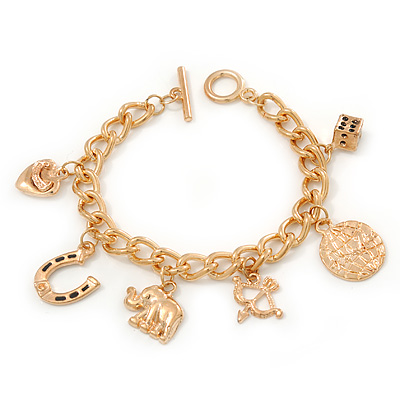 Gold Plated Charm On Chunky Oval Link Chain Bracelet With T-Bar Closure - 19cm Length - main view