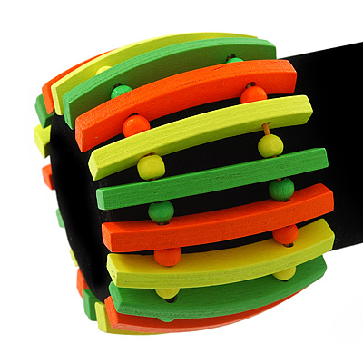 Teen Wide Neon Green/ Neon Orange/ Neon Yellow Wood Flex Bracelet - up to 17cm Length - main view