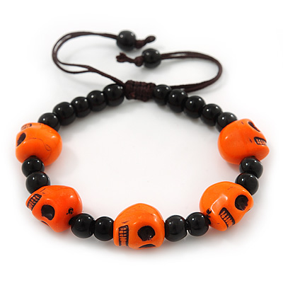 Orange Acrylic Skull Bead Children/Girls/ Petites Teen Friendship Bracelet On Black String - (13cm to 16cm) Adjustable - main view