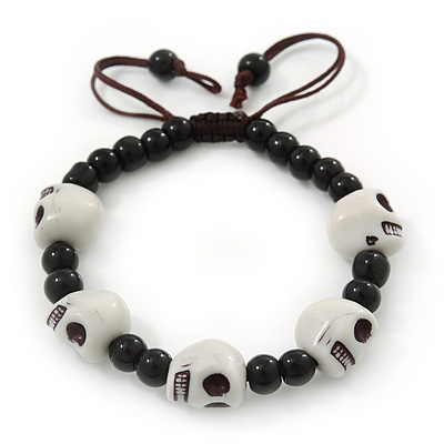 White Acrylic Skull Bead Children/Girls/ Petites Teen Friendship Bracelet On Black String - (13cm to 16cm) Adjustable - main view