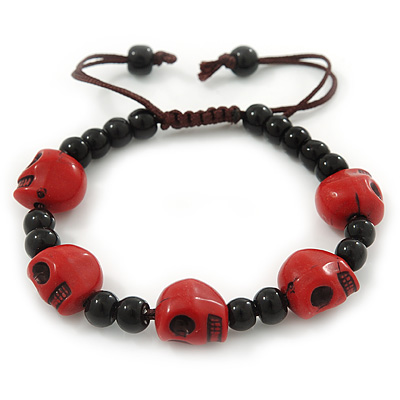 Dark Red Acrylic Skull Bead Children/Girls/ Petites Teen Friendship Bracelet On Black String - (13cm to 16cm) Adjustable - main view