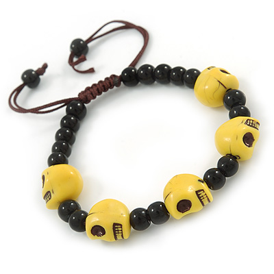 Yellow Acrylic Skull Bead Children/Girls/ Petites Teen Friendship Bracelet On Black String - (13cm to 16cm) Adjustable - main view