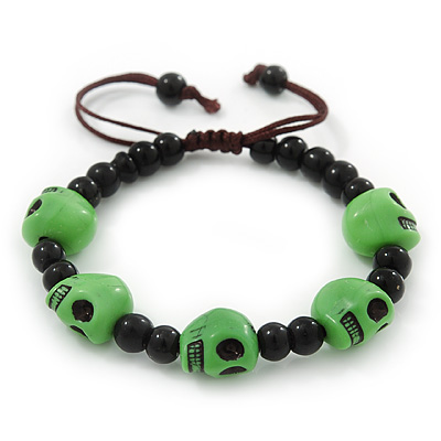 Green Acrylic Skull Bead Children/Girls/ Petites Teen Friendship Bracelet On Black String - (13cm to 16cm) Adjustable - main view
