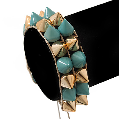 Gold/ Turquoise Coloured Acrylic Spike Friendship Bracelet On Beige Silk Cord - Adjustable - main view