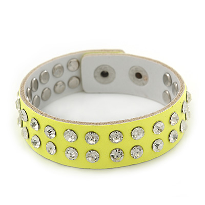 Crystal Studded Neon Yellow Faux Leather Strap Bracelet - Adjustable up to 20cm - main view