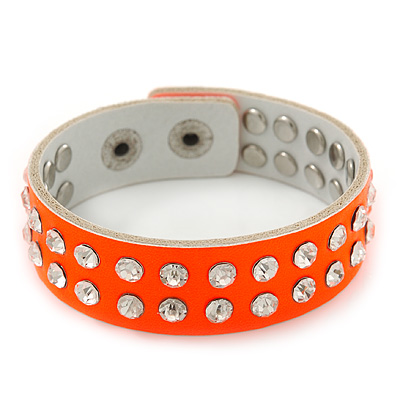Crystal Studded Neon Orange Faux Leather Strap Bracelet - Adjustable up to 20cm - main view