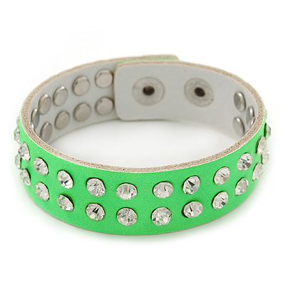 Crystal Studded Neon Green Faux Leather Strap Bracelet - Adjustable up to 20cm - main view