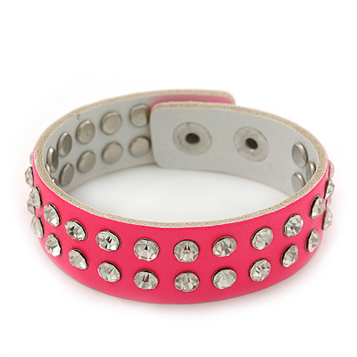 Crystal Studded Neon Pink Faux Leather Strap Bracelet - Adjustable up to 20cm - main view