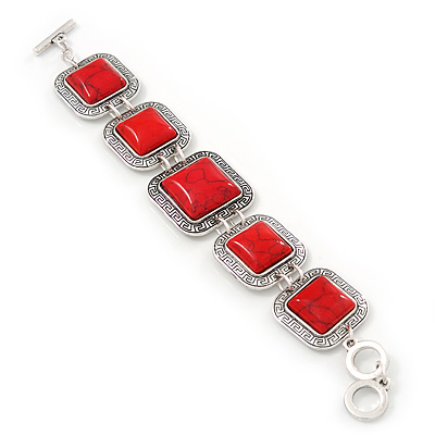 Vintage Coral Red Square Ceramic Etched Bracelet With Toggle Clasp -18cm Length/ 2cm Extension
