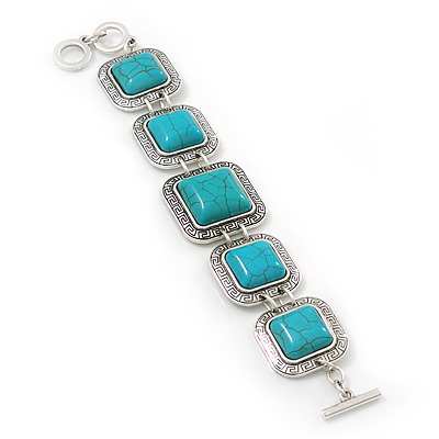 Vintage Turquoise Square Stone Etched Bracelet With Toggle Clasp -18cm Length/ 2cm Extension - main view