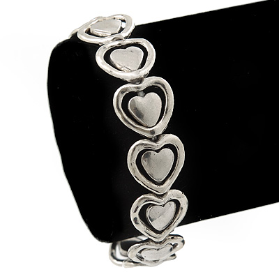 Vintage 'Heart' Flex Bracelet In Silver Plating - up to 19cm Length