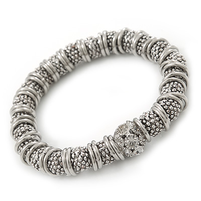 Textured Balls & Rings Stretch Bracelet In Silver Plating - up to 20cm Length - main view