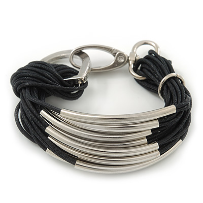 Chunky Multistrand Black Cord With Silver Tone Metal Bar Bracelet - up to 18cm Length - main view