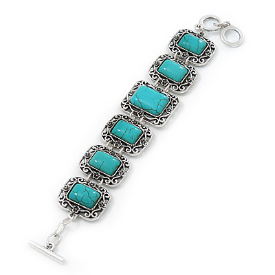 Vintage Turquoise Stone Square Filigree Bracelet With Toggle Clasp -18cm Length - main view