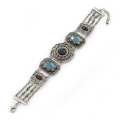 Victorian Style Filigree, Light Blue Bead Bracelet In Antique Silver Tone - 16cm Length/ 3cm Extension - main view
