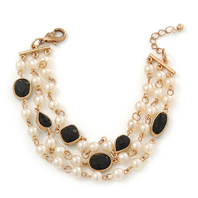 Vintage Inspired Faux Pearl, Black Acrylic Bead Multistrand Bracelet In Gold Tone - 16cm Length/ 3cm Extension - main view