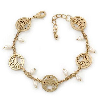 Matt Gold Butterfly, Freshwater Pearl Chain Bracelet - 17cm Length/ 3cm Extension - main view