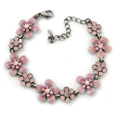 Light Pink Enamel Floral Bracelet In Pewter Tone Metal - 17cm Length/ 6cm Extension - main view