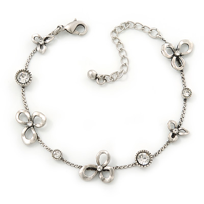 Vintage Inspired Crystal, Open Flower Delicate Bracelet In Antique Silver Metal - 17cm Length/ 6cm Extention - main view