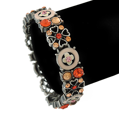 Vintage Inspired Floral Enamel, Crystal Flex Bracelet In Pewter Tone Metal (Pink, Citrine) - 18cm Length - main view