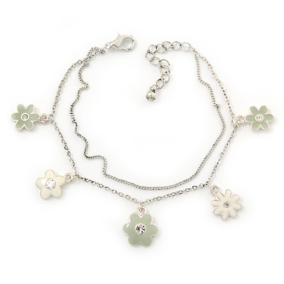Delicate Silver Tone Double Chain With Enamel Floral Charms Bracelet (White/ Pale Green) - 18cm Length/ 4cm Extension - main view