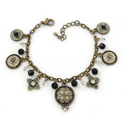 Vintage Inspired Floral, Bead Charm Bracelet In Bronze Tone (Grey, Black, White) - 16cm Length/ 3cm Extension - main view