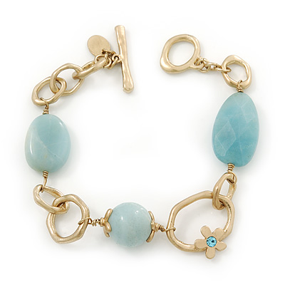 Vintage Inspired Pale Blue Acrylic Bead Hammered Oval Link Bracelet In Gold Plating With T-Bar Closure - 19cm Length