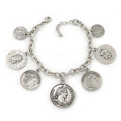 Vintage Inspired 'Coin' Charm Oval Link Bracelet In Burn Silver Tone - 17cm Length/ 3cm Extension - main view
