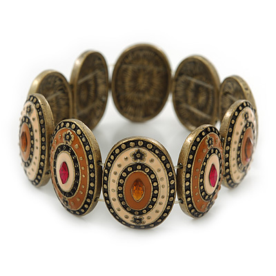 Vintage Inspired Enamel Oval Flex Bracelet In Bronze Tone (Magnolia, Light Brown) - 18cm Length - main view