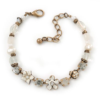 Vintage Inspired White Enamel, Crystal Flower, Freshwater Pearl, Glass Bead Bracelet In Antique Gold Tone - 16cm Length/ 4cm Extension - main view